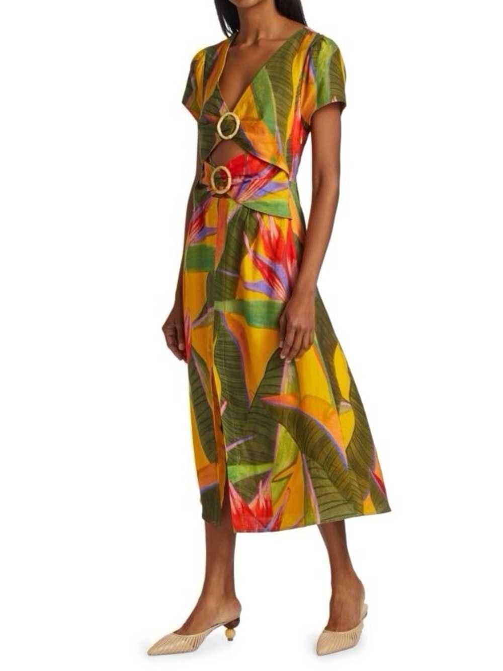 FARM Rio Yellow Tropical Midi Dress with Green and Red Floral Print
